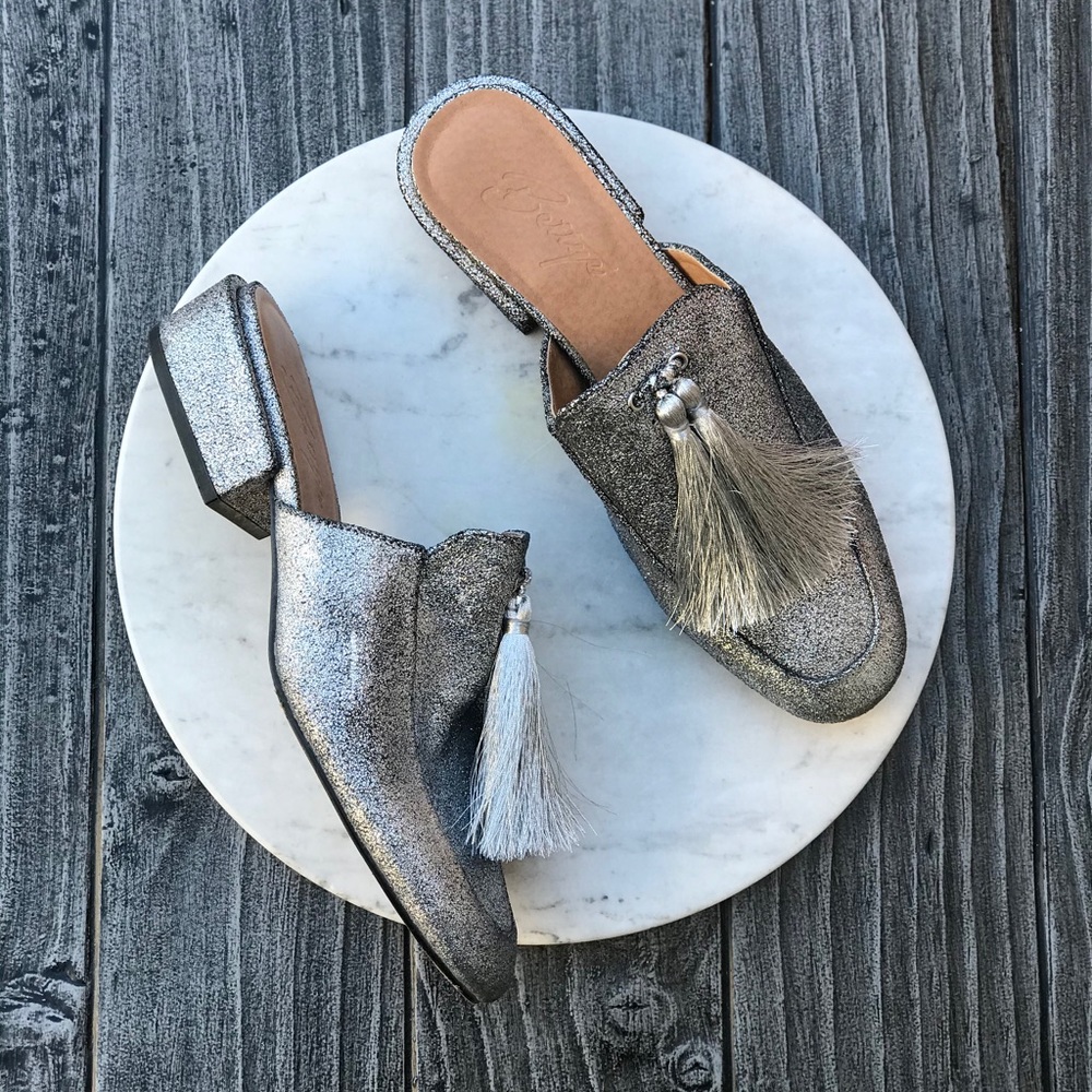 Metallic Silver Tassel Closed Toe Slip On Mule